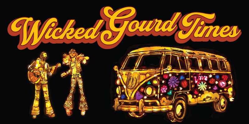 Halloween-themed promotional graphic featuring illuminated pumpkin carvings of two retro-inspired musicians and a flower-covered vintage van, alongside the tagline “Wicked Gourd Times” on a black background.