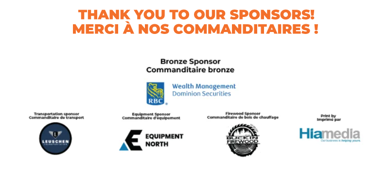 Sponsor recognition graphic thanking event sponsors, featuring logos for RBC Wealth Management Dominion Securities as Bronze Sponsor, along with Lüschen Transportation, Equipment North, Bucking Firewood, and Hiamedia on a white background.