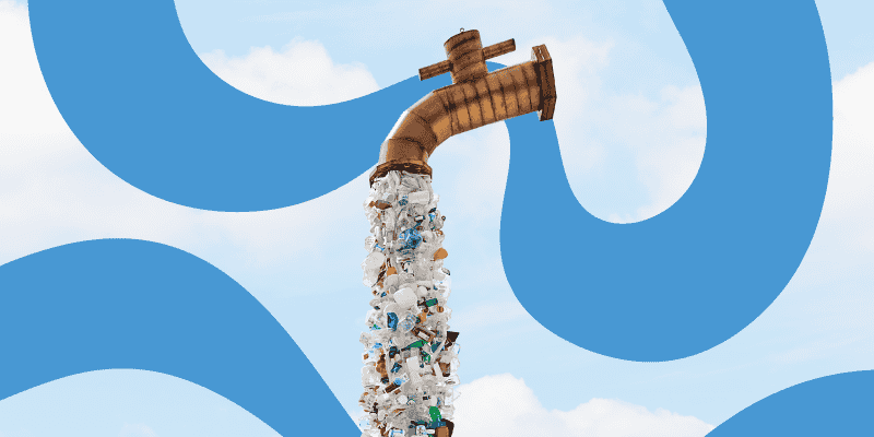 A large rusted metal pipe curves downward against a bright blue sky with soft clouds, releasing a vertical stream of plastic waste instead of water. The falling plastic includes bottles, containers, and packaging, forming a dense column beneath the pipe. Abstract blue shapes frame the background.