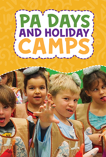 Promotional graphic for Science North PA Days and Holiday Camps featuring a group of children wearing camp-themed costumes, with the title “PA Days and Holiday Camps” on a bright yellow background.