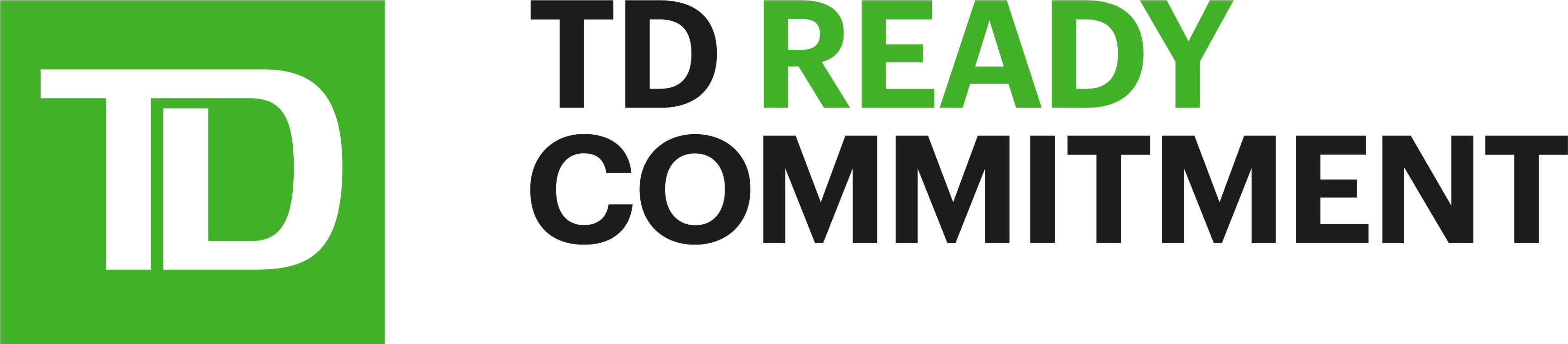 TD Ready Commitment logo lockup. A green square on the left contains the white “TD” letters. To the right, the words “TD READY COMMITMENT” appear in large uppercase text, with “READY” in bright green and the other words in dark grey/black on a black background.