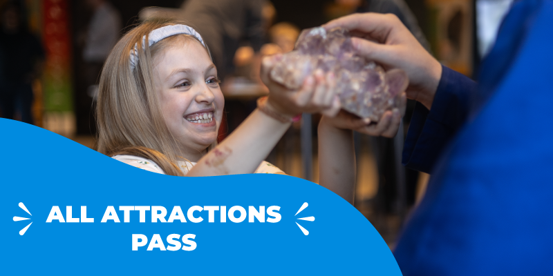 all attractions pass; girl with gem geode