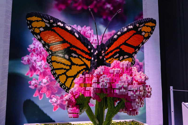 giant monarch butterfly made of lego bricks