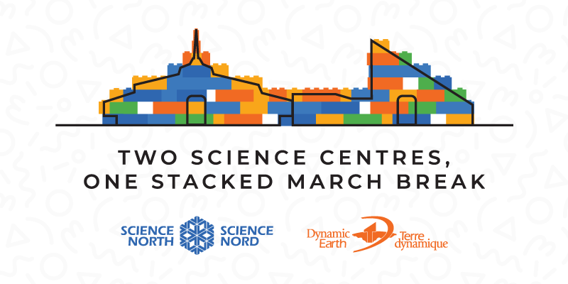 outlined drawings of science north and dynamic earth buildings filled with lego bricks